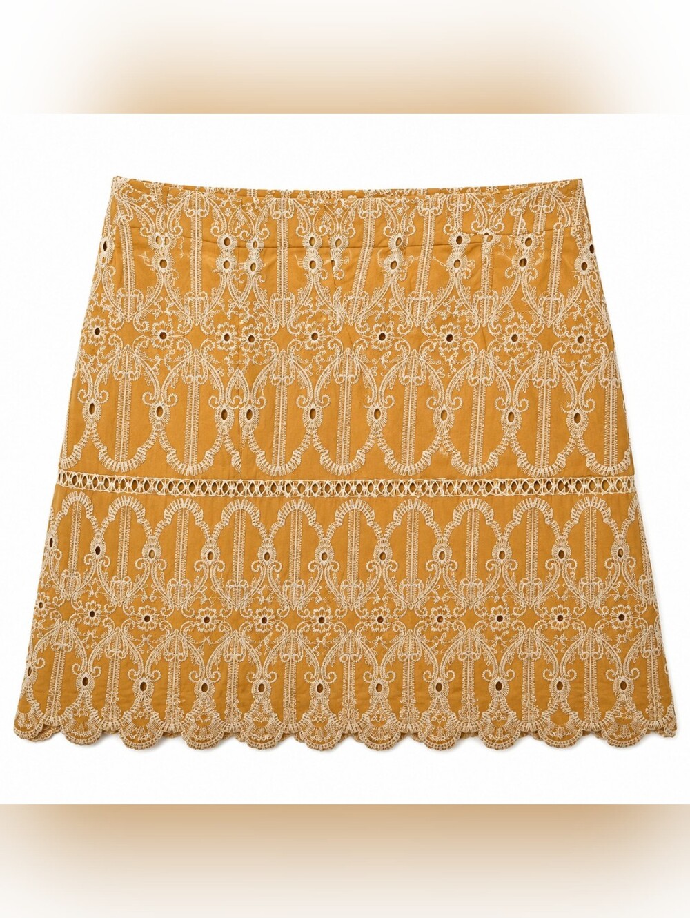 Skies Are Blue Yellow Eyelet Mini Skirt Scalloped Hem Peasant Lined Size 1X‎